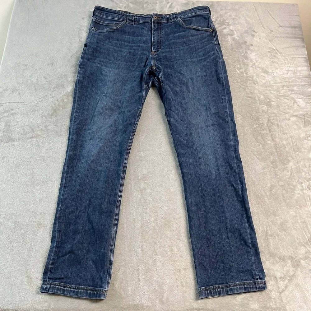 Duluth Trading Ballroom Double Flex Jeans Mens 38x34* Standard Fit Dark Wash EUC